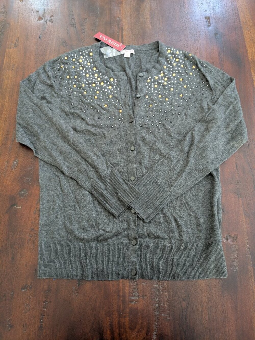 NWT Merona Charcoal Grey Rhinestone Embellished Button Cardigan - Size L